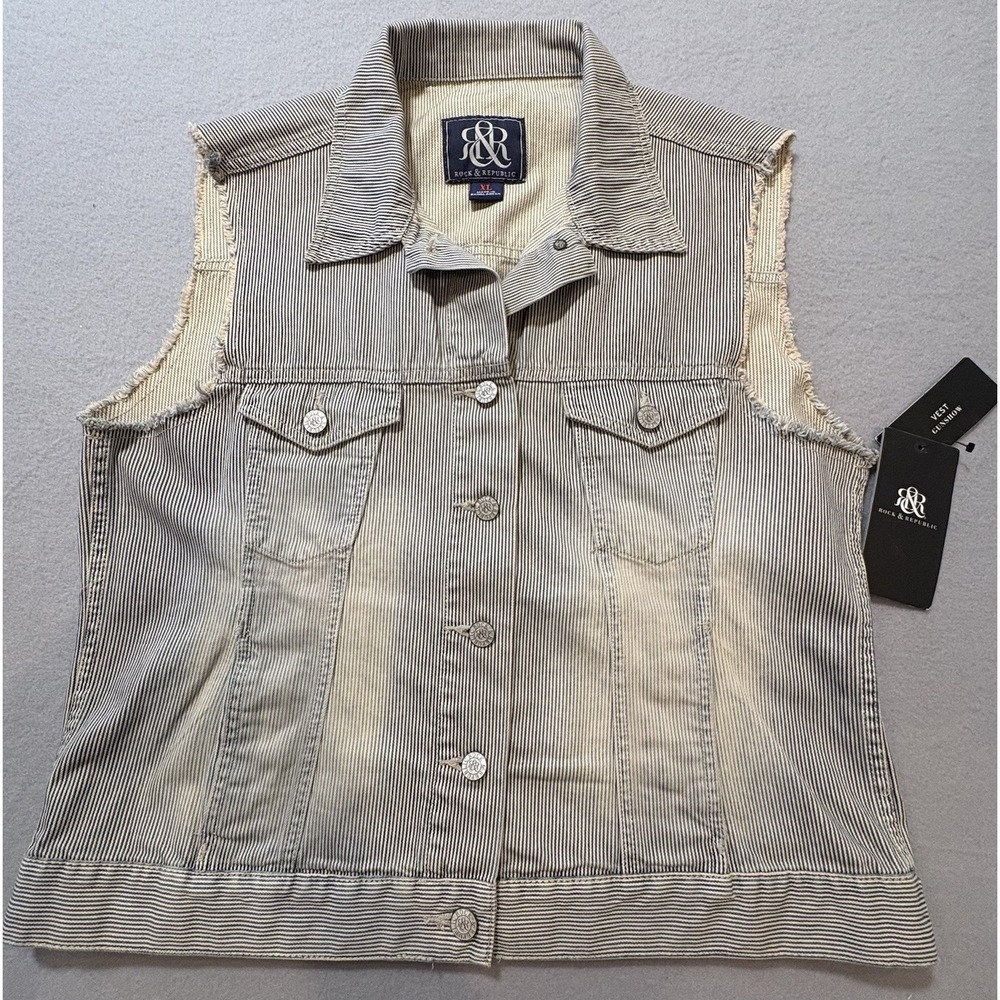 Rock & Republic‎ Denim Jacket Vest Medium"Gunshow" Pinstripe Distressed